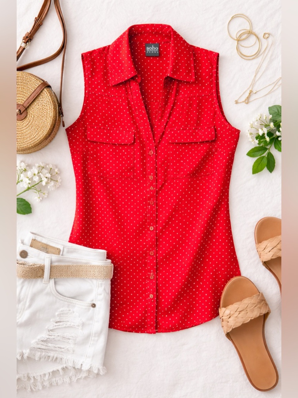 New York & Company Red Star Print Sleeveless Button-Down Blouse Size Medium